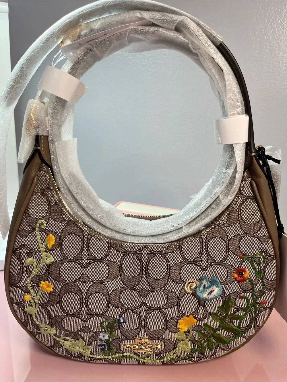 Coach Brown Signature Canvas Shoulder Bag with Floral Embroidery
